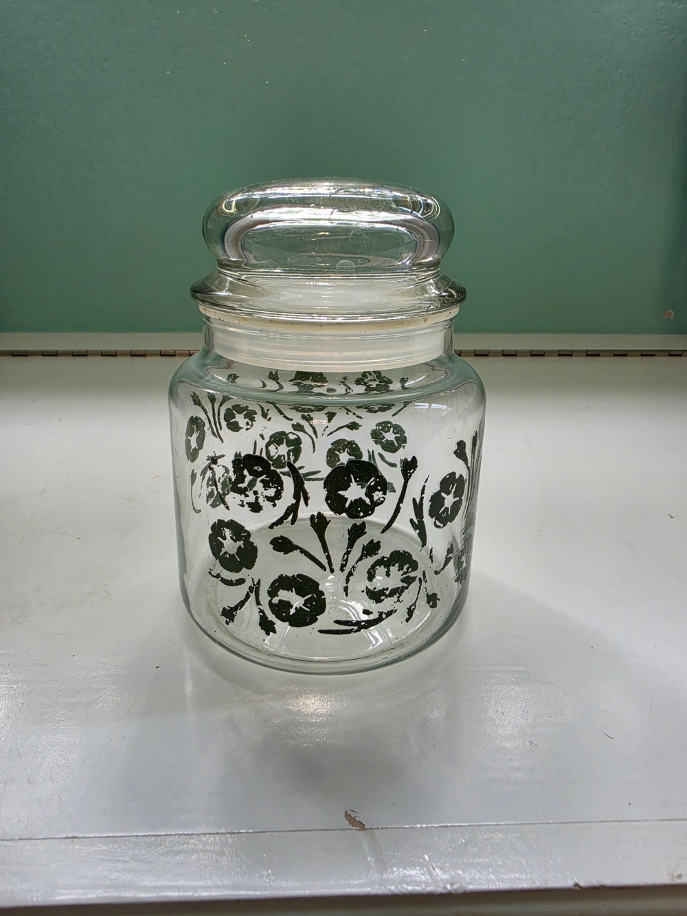 Clear Glass Canister with Black Floral Print